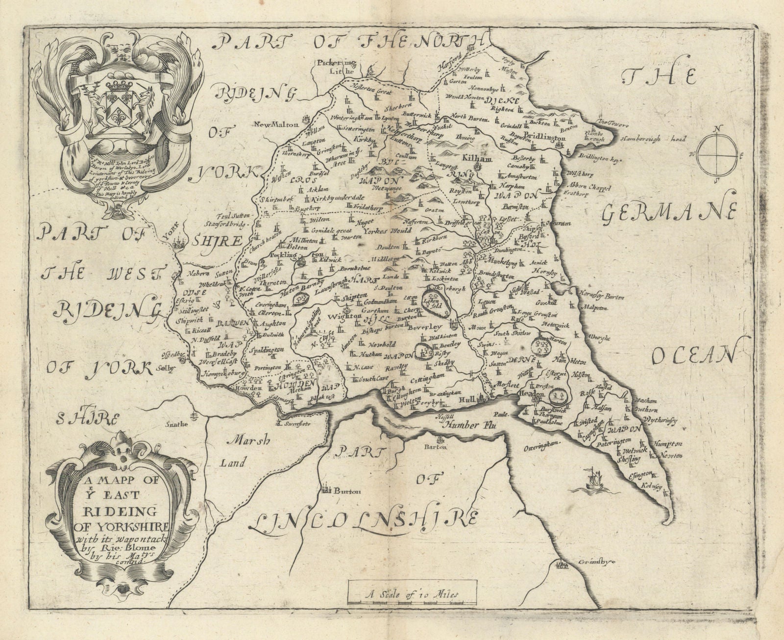 A Mapp of ye East Rideing of Yorkshire by Richard Blome 1673 old antique